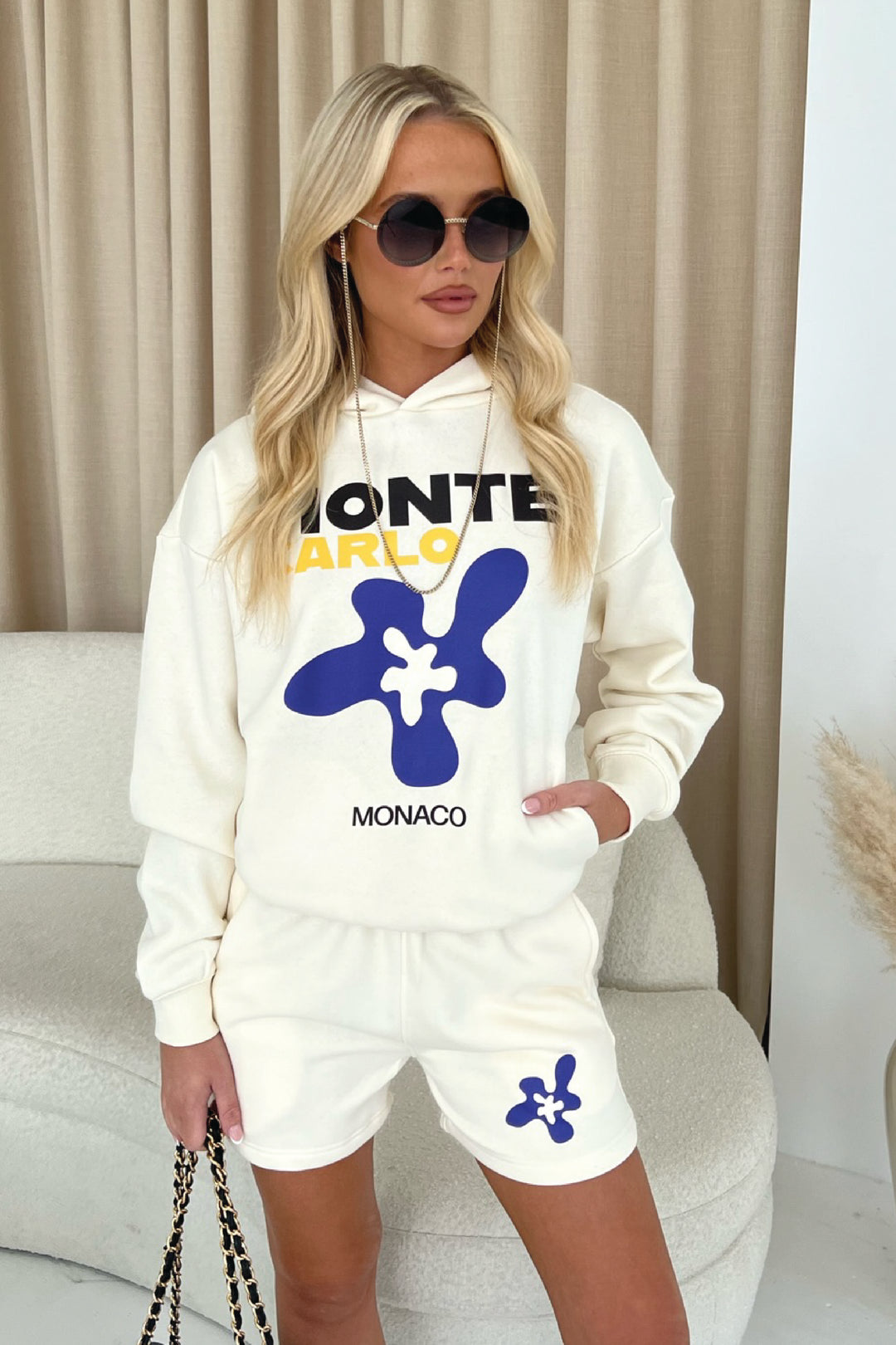 Hamsa Hand Ecru Hoodie Embroidered short loungewear set main image 1