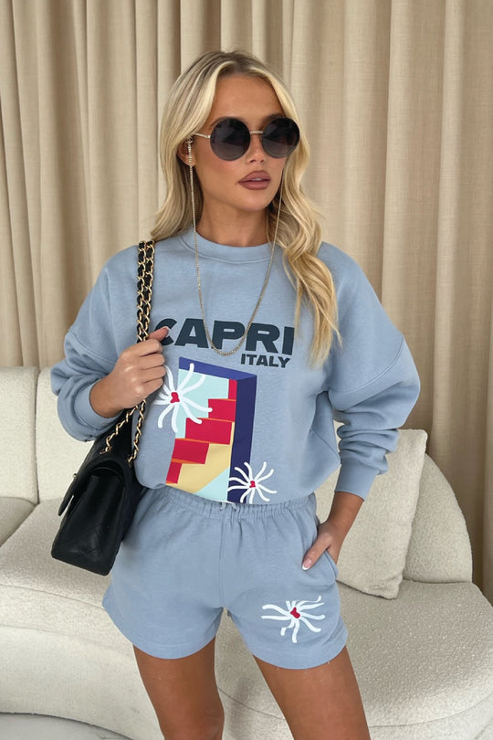 Capri Italy Baby Blue Premium Sweater Short Loungewear Set