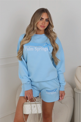 Palm springs blue embroidered sweater short lounge set