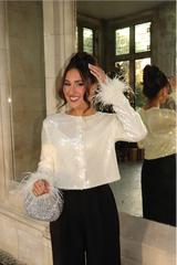 LUCILLE CREAM BUTTON UP SEQUIN & FEATHER CUFF TOP