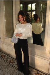 LUCILLE CREAM BUTTON UP SEQUIN & FEATHER CUFF TOP