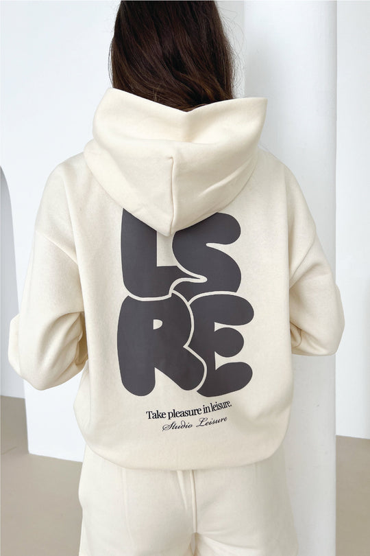 LSRE bubble ecru printed premium relaxed hoodie