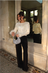 LUCILLE CREAM BUTTON UP SEQUIN & FEATHER CUFF TOP