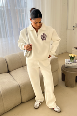 St Moritz ivory embroidered zip sweatshirt & wide leg trousers loungewear