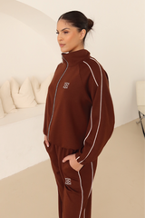 GeGe chocolate contrast piping detail zip jacket & trouser loungewear