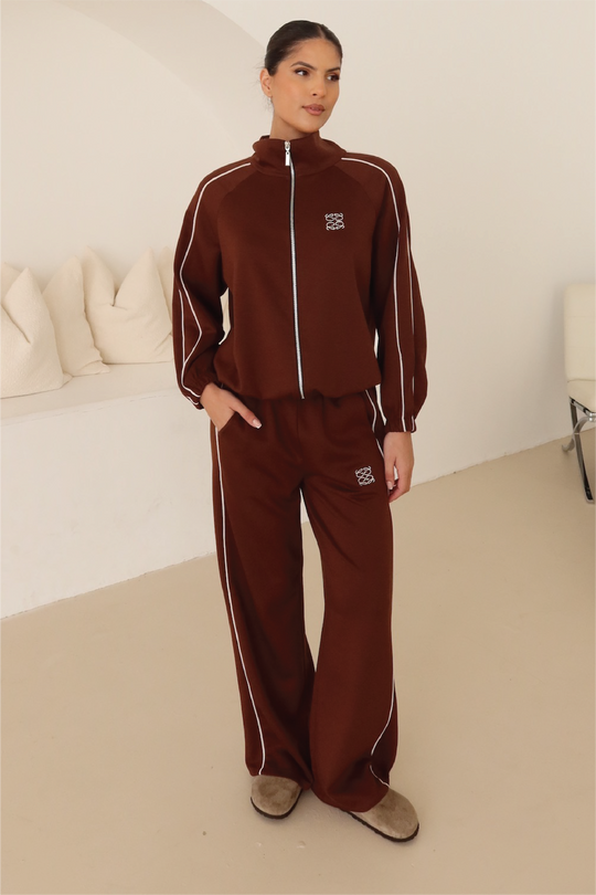 GeGe chocolate contrast piping detail zip jacket & trouser loungewear