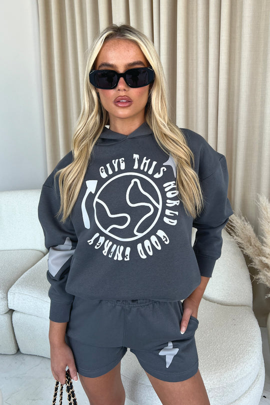 Good Energy Steel Grey premium hooded short loungewear set