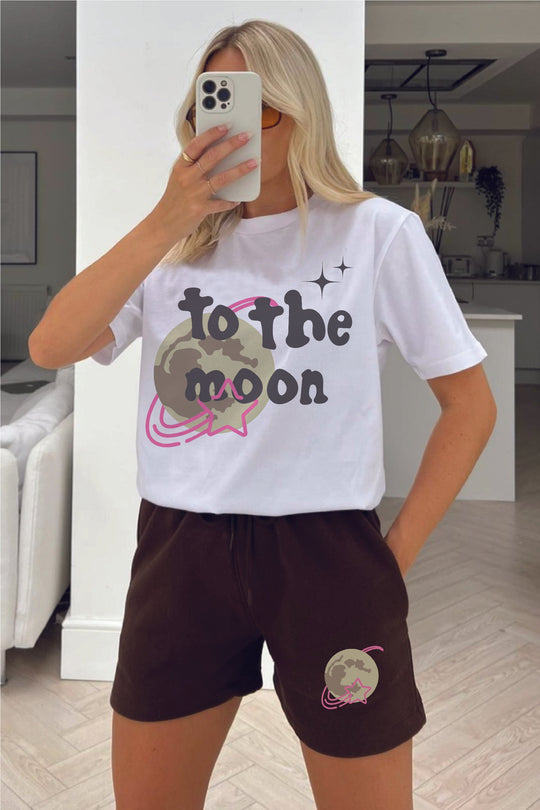 To The Moon white & chocolate printed short tee coord