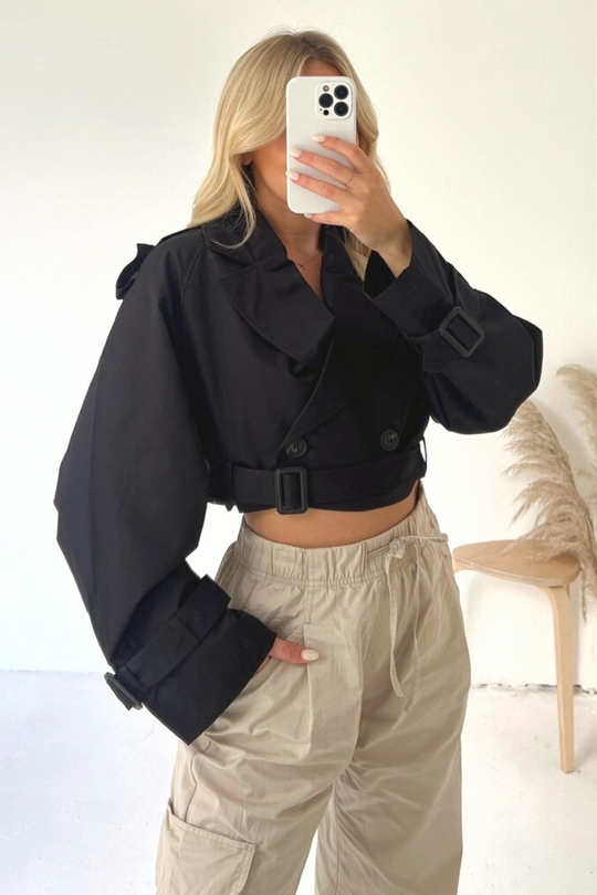 Margot black cropped long sleeve mac jacket
