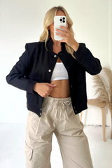 Aria Black Cropped Long Sleeve Bomber Jacket