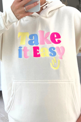 Take It Easy Ecru Embroidered Hooded Jogger Loungewear Set Loungewear