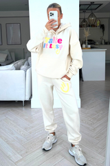 Take It Easy Ecru Embroidered Hooded Jogger Loungewear Set Loungewear