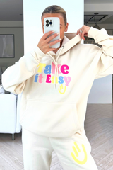 Take It Easy Ecru Embroidered Hooded Jogger Loungewear Set Loungewear