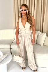 Loren beige pleated sleeveless jumpsuit