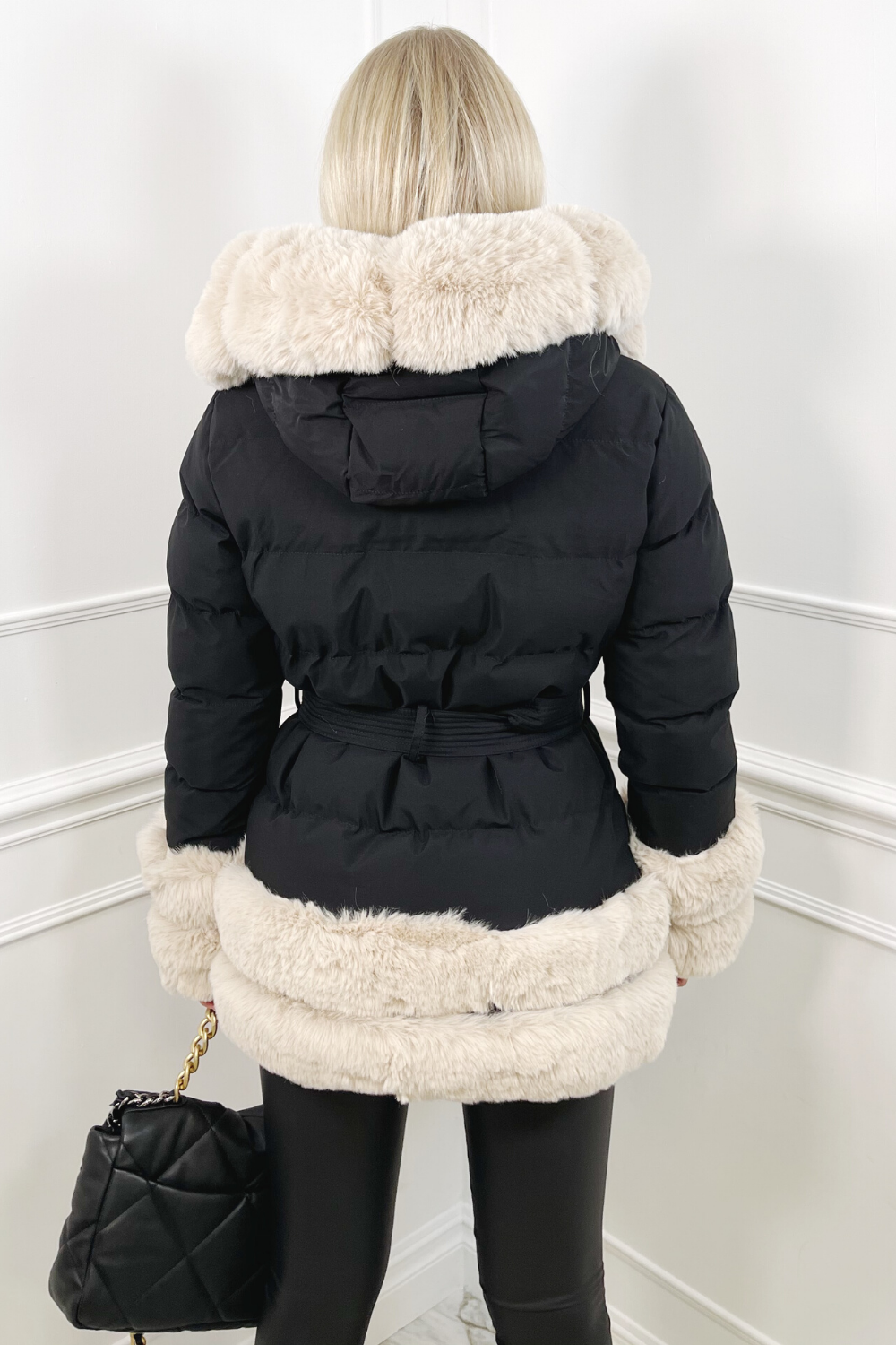 Orla black cream faux fur hooded coat Glamify Famous For Loungewear