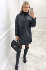 Lennie Black Pu Diamond Stitch Shacket Coats & Jackets