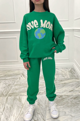 Mini Love More Green & White Oversized Printed Sweater Loungewear Set Loungewear