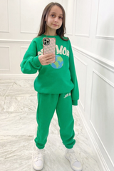 Mini Love More Green & White Oversized Printed Sweater Loungewear Set Loungewear