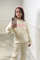 Mini Malibu Pink & Ecru Embroidered Oversized Sweater Loungewear Set Loungewear