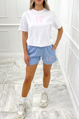 love white & baby blue embroidered short co-ord Co Ord