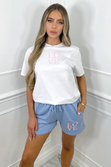 love white & baby blue embroidered short co-ord Co Ord