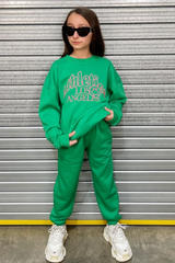 Mini Athletics La Green & Pink Oversized Embroidered Sweater Loungewear Set Loungewear
