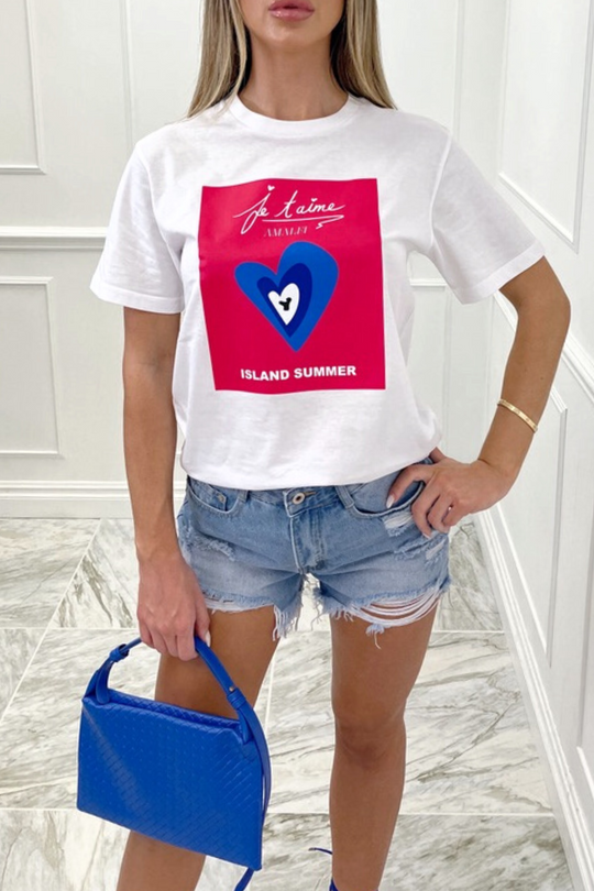 Island summer fuchsia printed white tee