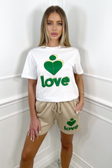 Love Heart Green & Stone Printed Short Co-Ord Co Ord