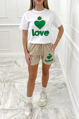 Love Heart Green & Stone Printed Short Co-Ord Co Ord