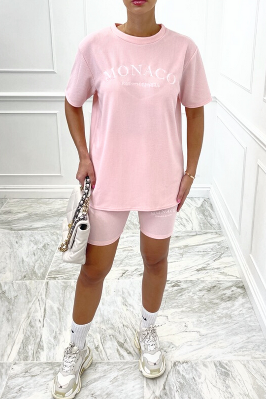 Monaco baby pink embroidered ribbed cycling short coord