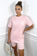Monaco baby pink embroidered ribbed cycling short coord Co Ord