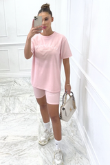 Monaco baby pink embroidered ribbed cycling short coord Co Ord