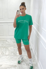 Monaco green embroidered ribbed cycling short coord Co Ord