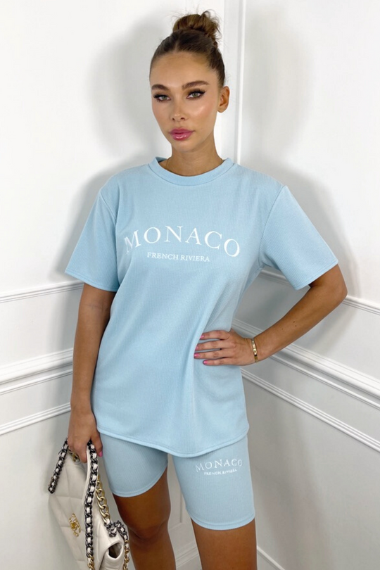 Monaco baby blue embroidered ribbed cycling short coord