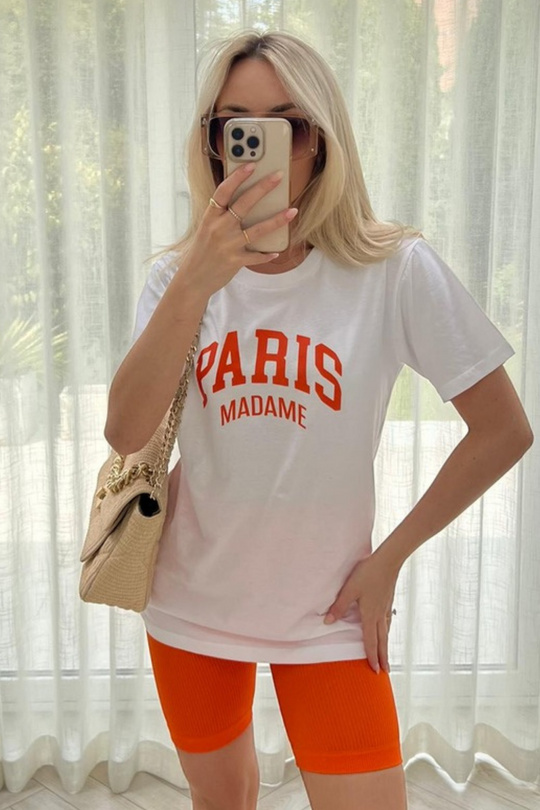 paris madame Orange & white  printed white tee