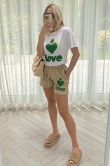 Love Heart Green & Stone Printed Short Co-Ord Co Ord