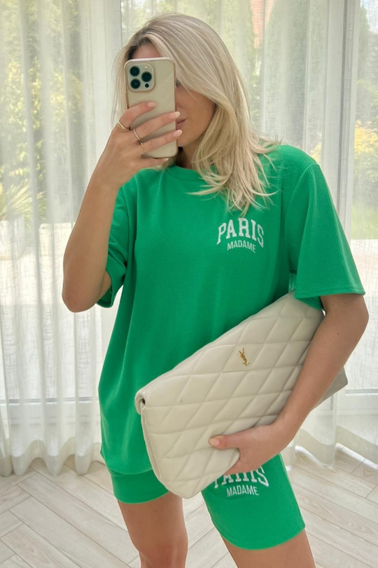 Paris madame green embroidered ribbed cycling short coord