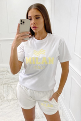 Milan Italy Yellow & Cream Embroidered Tee Short Co Ord Co Ord