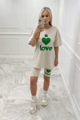 Love Heart green & stone printed cycling short coord Co Ord