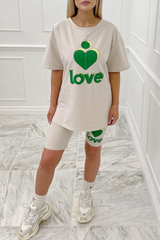 Love Heart green & stone printed cycling short coord Co Ord