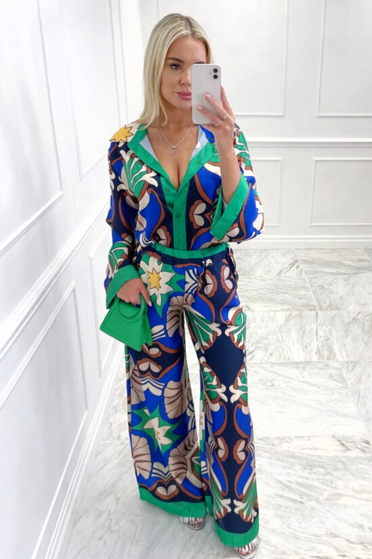 Orla green & blue satin shirt flared trouser co ord