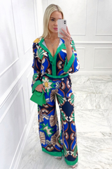 Orla green & blue satin shirt flared trouser co ord OS (8-12) Dresses