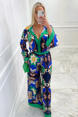 Orla green & blue satin shirt flared trouser co ord OS (8-12) Dresses