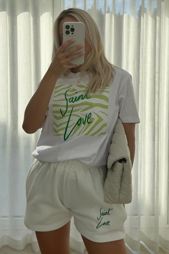 Saint love green print & embroidered tee short coord