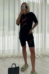 Saint love black & pink embroidered cycling short coord one size (8-12) Co Ord