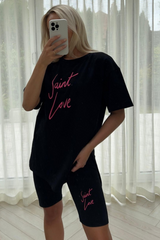 Saint love black & pink embroidered cycling short coord one size (8-12) Co Ord