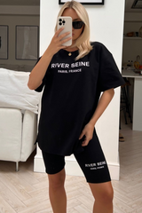 river seine black & white embroidered cycling short coord one size (8-12) Co Ord