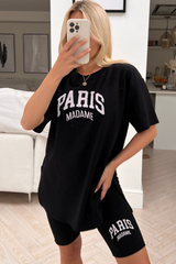 Paris madame black & white embroidered cycling short coord one size (8-12) Co Ord