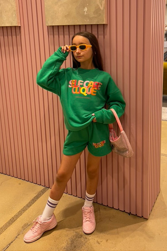 Mini self care clique green sweater short coord