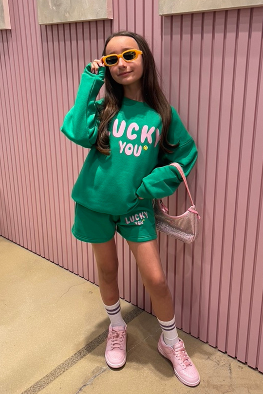 Mini lucky you green & pink sweater short coord